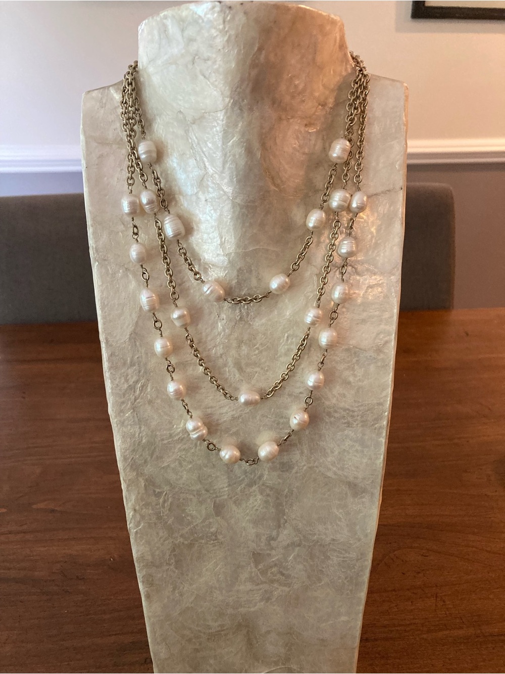 Layered Gold-Tone 3 strand Necklace with faux Pearl Beads
